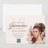 Pink Blush Rose Elegant Quinceañera QR Code 招待状 (正面/裏面)