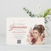 Pink Blush Rose Elegant Quinceañera QR Code 招待状 (スタンド正面)