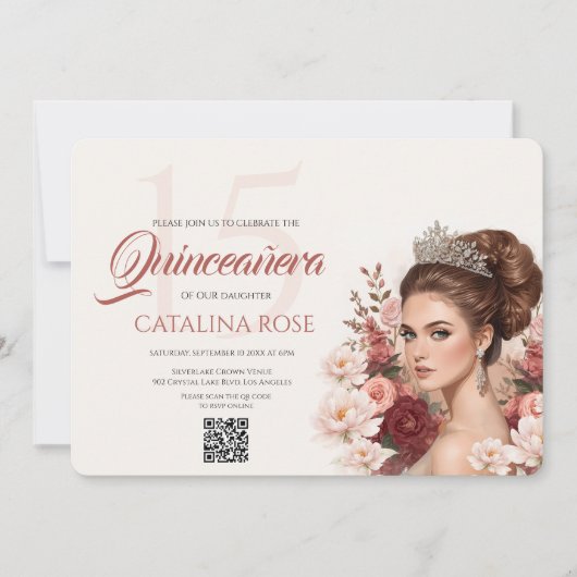 Pink Blush Rose Elegant Quinceañera QR Code 招待状 (正面)