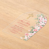 Pink Blush Roses Arch First Communion アクリル招待状 (レイダウン)