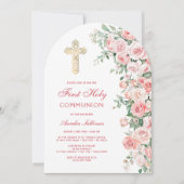 Pink Blush Roses Arch First Communion 招待状 (正面)