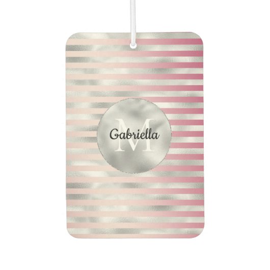 Pink Blush Silver Stripes Monogram カーエアーフレッシュナー (正面)