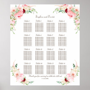 Pink Blush Watercolor Peony Wedding Seating Chart ポスター