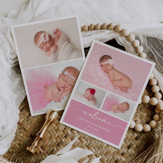 Pink Blush Welcome Baby Photo Announcement Card 招待状