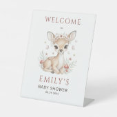Pink Blush Woodland Deer Girl Welcome Baby Shower 台座サイン (正面)