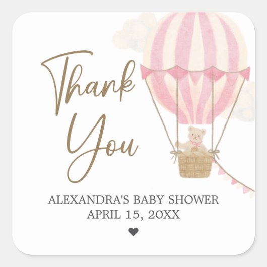 Pink Boho Bear Baby Shower  スクエアシール (正面)