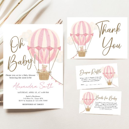 Pink Boho Bear Baby Shower  招待状