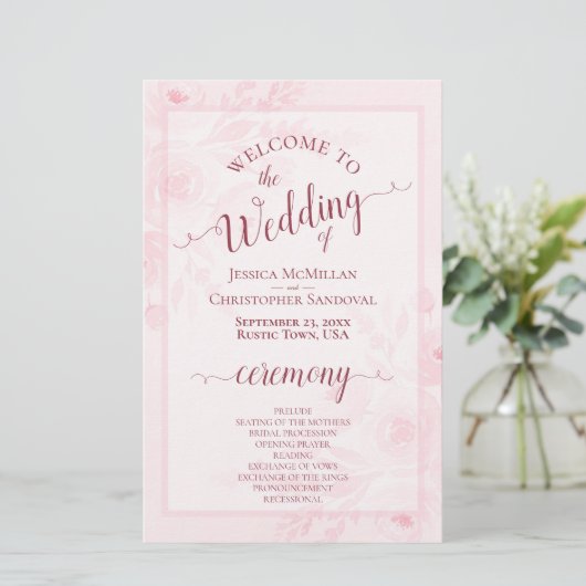 Pink Boho Chic Peonies Budget Wedding Program (スタンド正面)