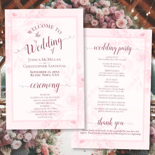 Pink Boho Chic Peonies Budget Wedding Program