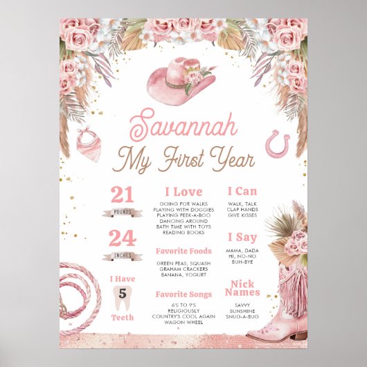 Pink Boho First Rodeo 1st Birthday Milestone 18x24 ポスター (正面)