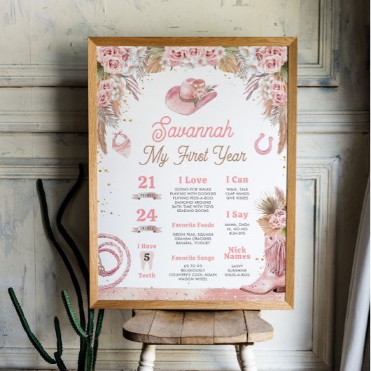 Pink Boho First Rodeo 1st Birthday Milestone 18x24 ポスター