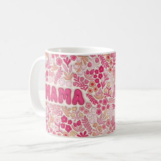 Pink Boho Floral Mama 3D Effect Pattern コーヒーマグカップ (正面左)