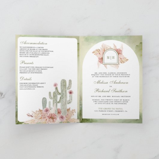 Pink Boho Floral Pampas Cactus QR Code Wedding 招待状 (内部)