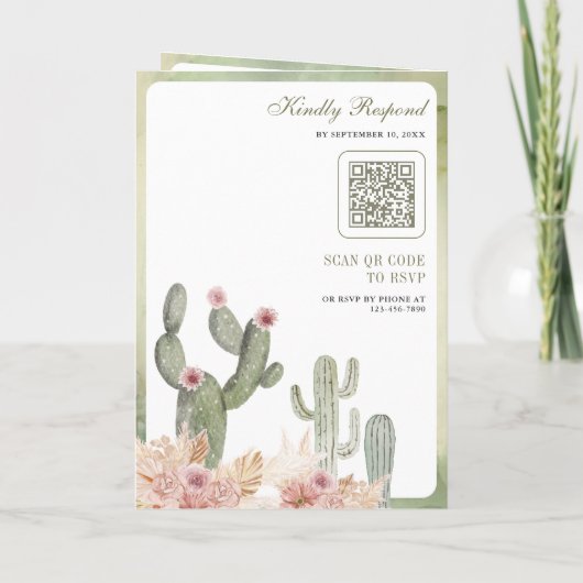 Pink Boho Floral Pampas Cactus QR Code Wedding 招待状 (裏面)