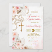 Pink Boho Floral Rosary First Holy Communion 招待状 (正面)