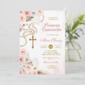 Pink Boho Floral Rosary First Holy Communion 招待状 (スタンド正面)