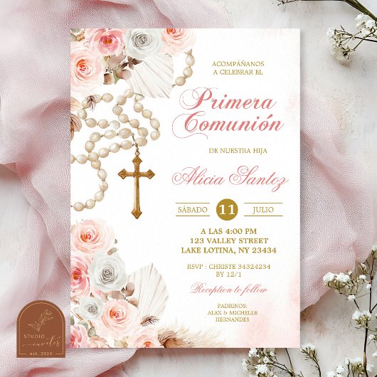 Pink Boho Floral Rosary First Holy Communion 招待状