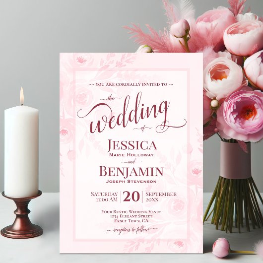 Pink Boho Floral Watercolor Stylish Script Wedding 招待状