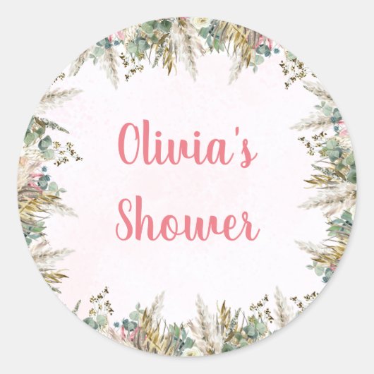 Pink Boho Pampas & Floral Baby Shower Favor ラウンドシール (正面)
