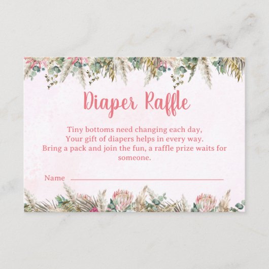 Pink Boho Pampas Grass Diaper Raffle Ticket エンクロージャーカード (正面)