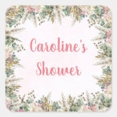 Pink Boho Pampas Grass Favor Stickers | Bridal スクエアシール (正面)