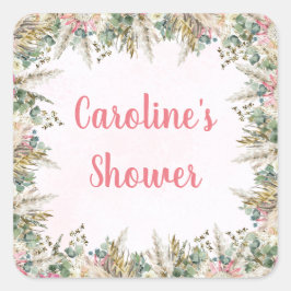 Pink Boho Pampas Grass Favor Stickers | Bridal スクエアシール
