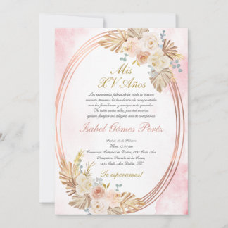 Pink boho Quinceanera invitation in Spanish 招待状