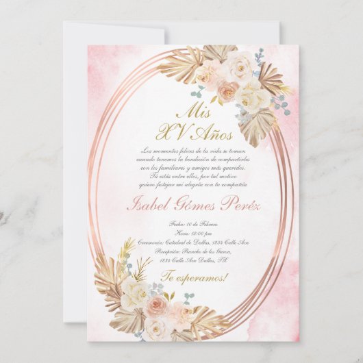 Pink boho Quinceanera invitation in Spanish 招待状 (正面)