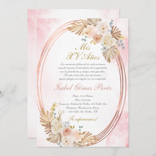 Pink boho Quinceanera invitation in Spanish 招待状 (正面/裏面)