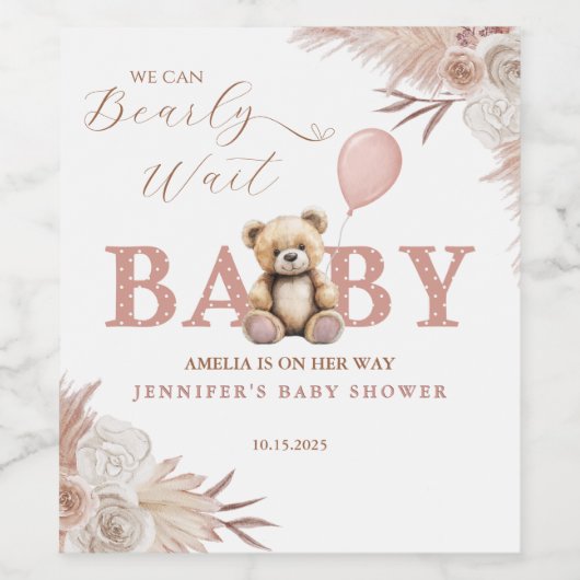 Pink Boho Teddy Bear Baby Shower ワインラベル (シングルラベル)