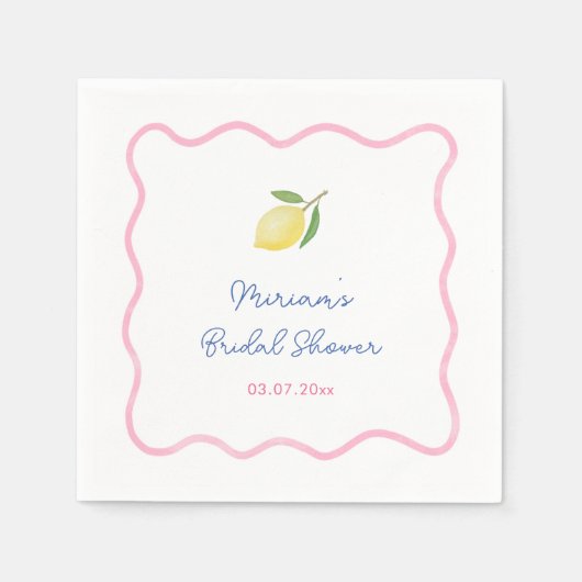 Pink Boho Wavy Border Lemons Bridal Shower スタンダードカクテルナプキン (正面)