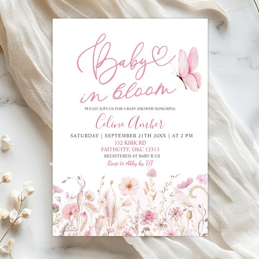 Pink Boho Wildflower Baby in Bloom Baby Shower 招待状