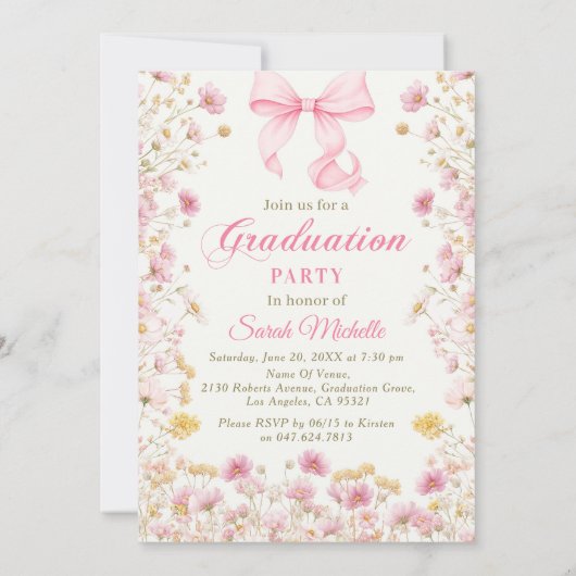 Pink Boho Wildflowers Graduation Party 招待状 (裏面)