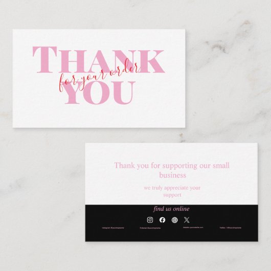 Pink Bold Thank You Card Social Media Small Busine 名刺 (正面/裏面)