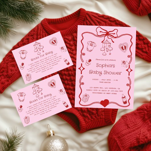 Pink “Books for Baby” Baby Shower エンクロージャーカード