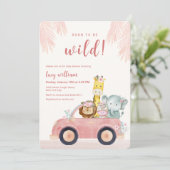 Pink Born To Be Wild Safari Animals Baby Shower 招待状 (スタンド正面)