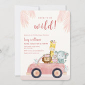 Pink Born To Be Wild Safari Animals Baby Shower 招待状 (正面)