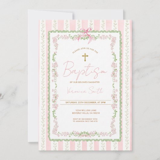 Pink Botanical Baptism Girl Christening Invitation 招待状 (正面)