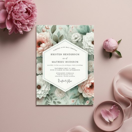 Pink Botanical Bloom Wedding 招待状