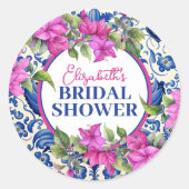 Pink Bougainvillea Blue Tile Bridal Shower ラウンドシール (正面)
