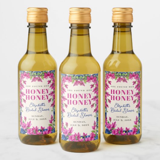 Pink Bougainvillea Blue Tile Bridal Shower ワインラベル (ボトル)
