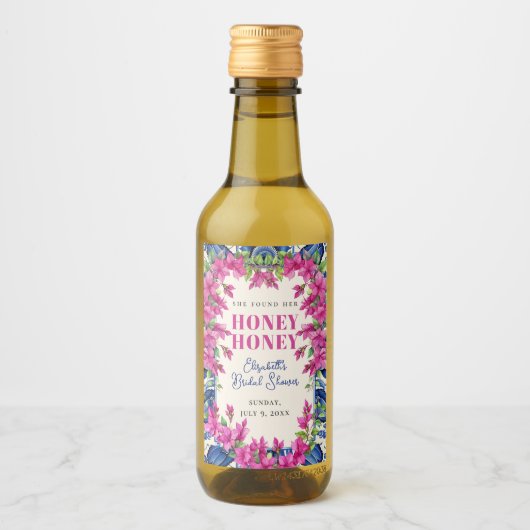 Pink Bougainvillea Blue Tile Bridal Shower ワインラベル (正面)