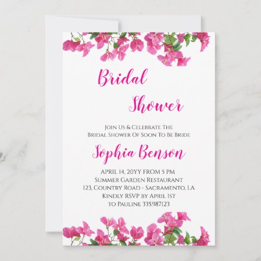 Pink Bougainvillea Floral Bridal Shower Invitation 招待状 (正面)