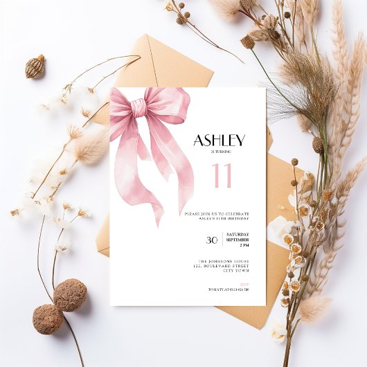 Pink Bow 11th Birthday Invitation for Girls 招待状