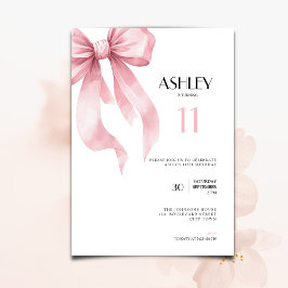 Pink Bow 11th Birthday Invitation for Girls 招待状