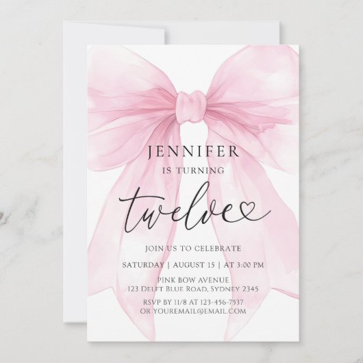 Pink Bow 12th Birthday 招待状 (正面)