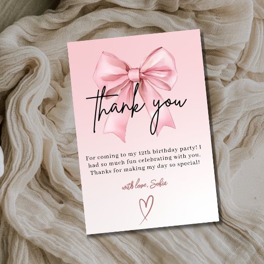 Pink Bow 12th Birthday Thank You Card サンキューカード