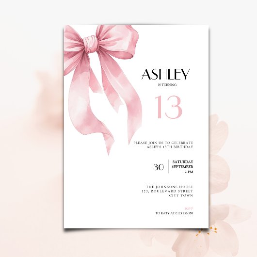 Pink Bow 13th Birthday Invitation for Girls 招待状
