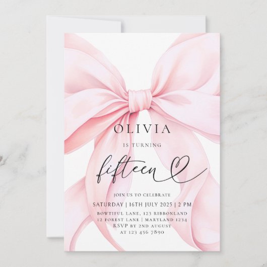 Pink Bow 15th Birthday Party 招待状 (正面)