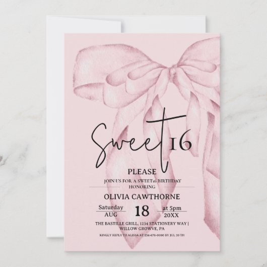 Pink Bow 16th Birthday ⎮Modern Elegant Sweet 16 招待状 (正面)